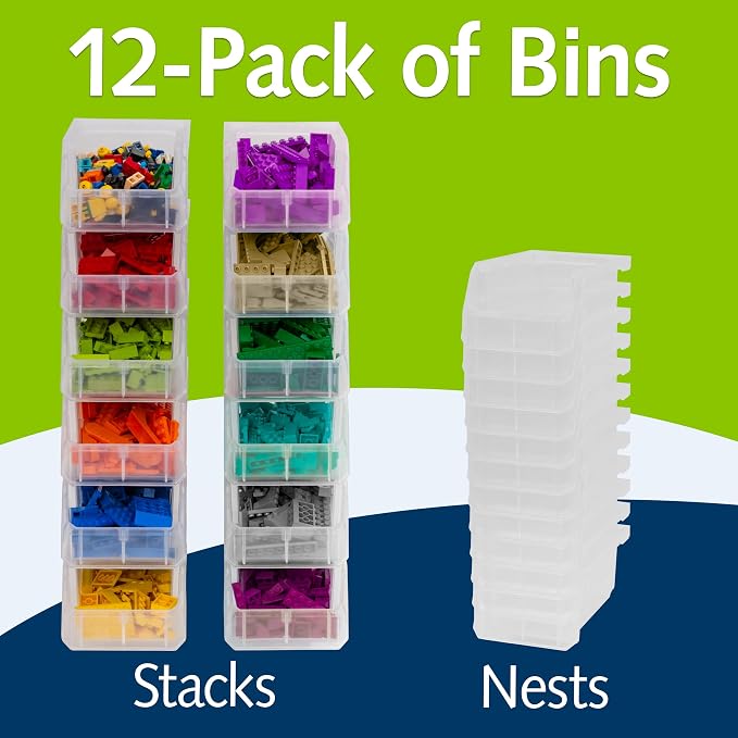 Small Stackable Plastic Storage Bins, 12-Pack, Clear | Open-Front Stackable Bins For Garage, Pantry, Closet & Office, 7"L X 4"W X 3"H, Nests When Empty, Durable Plastic