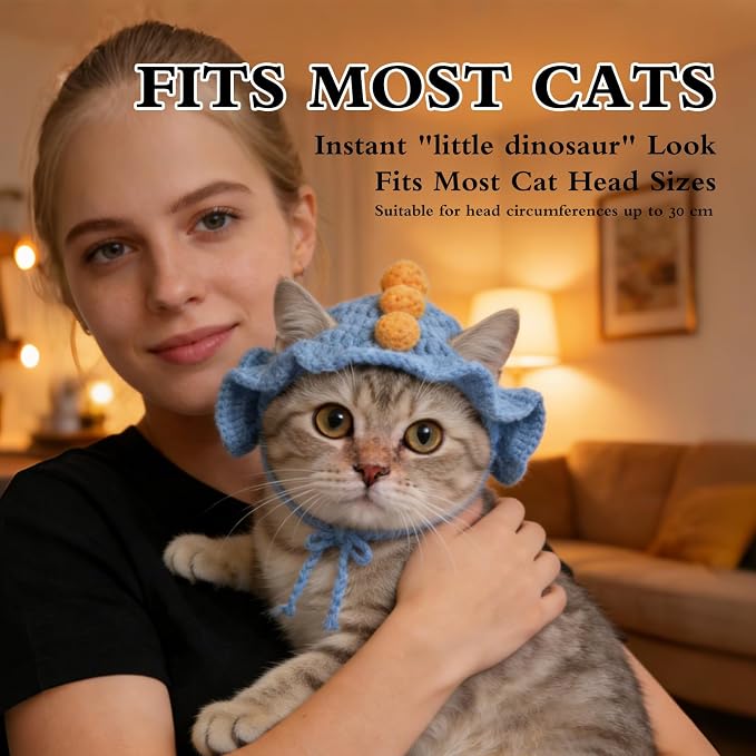 Dinosaur Cat Hat, Cotton & Soft Cute Knitted Hats for Cats Birthday Party Spring Puppy Hat for Small Pets (Blue,M)