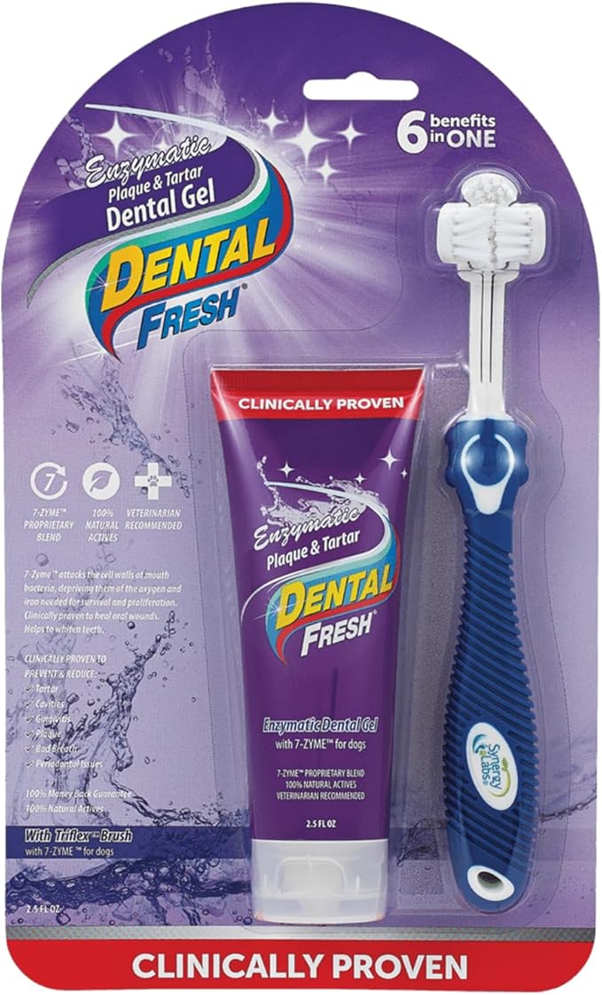 Dental Fresh Enzymatic Gel Dog Tooth Brushing Kit, Includes Triflex Toothbrush and Toothpaste for Teeth Cleaning