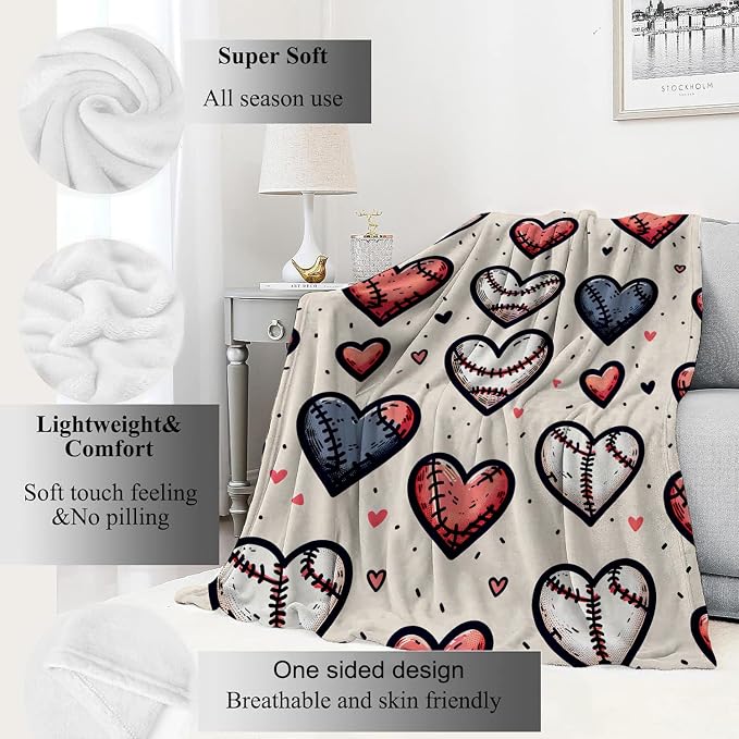 Baseball Hearts Blanket Sport Lovers Throw Blankets Gifts for Kids Adult Lightweight Soft Fleece Cozy for Sofa Couch Bed Room Travel Birthday Party Decor 50x60in