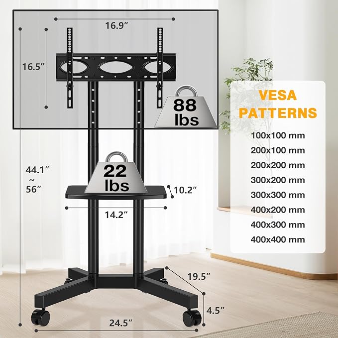 Rolling TV Stand with Power Outlet for 32-75 Inch TVs up to 88 lbs | Portable TV Stand on Wheels and Height Adjustment, Outdoor TV Stand with Shelf for Bedroom, Office, Max VESA 400x400mm