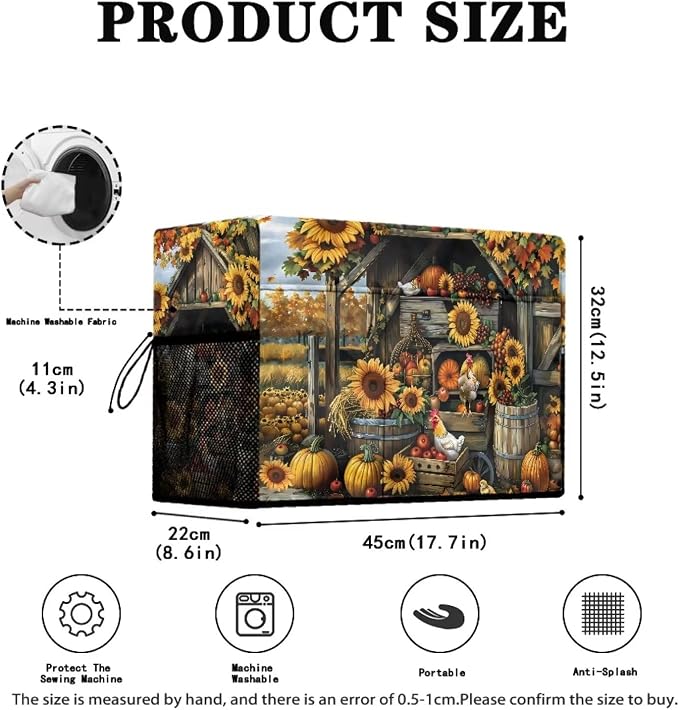Sunflower Chicken Coop Sewing Machine Cover with Storage Pocket, 17.7 x 8.6 x 12.6 inches , Heavy-Duty Water-Resistant Fabric , Dust & Pet Hair Protection , Fits Brother, Singer, Janome