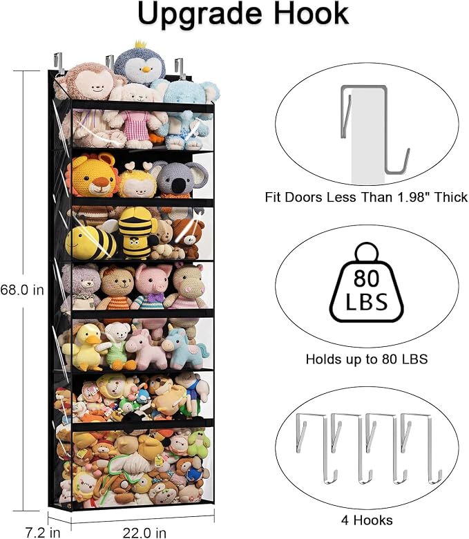 Heavy Duty Stuffed Animal Storage, 4-Tier Clear Extra Large Over The Door Organizer for Stuffies, Baby Ideas Holder, Toy Plush Hanging Organizer Big Girls Toddler Bag Animals Stuffy, Black