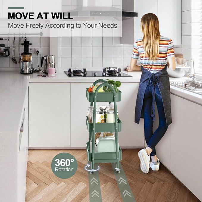 3 Tier Utility Rolling Cart, Metal Storage Cart with Handle and Lockable Wheels, Multifunctional Storage Organizer Trolley with Mesh Baskets for Kitchen, Living Room, Office, Garage (Jungle)