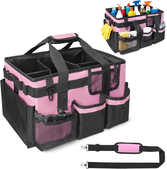 Large Cleaning Caddy Organizer, Adj Straps & Board Dividers Heavy‑Duty | Waterproof Nylon Fabric, Handle, Removable Divider, Tool Bags for Housekeepers, Car detailing, Kitchen Bathroom