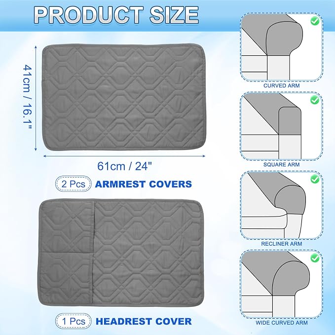 uxcell 3Pcs Sofa Armrest Covers, Armchair Covers with Side Storage Pocket Waterproof Recliner Chair Protector Anti-Slip Couch Arm Headrest Protect for Home Living Room, Dark Gray