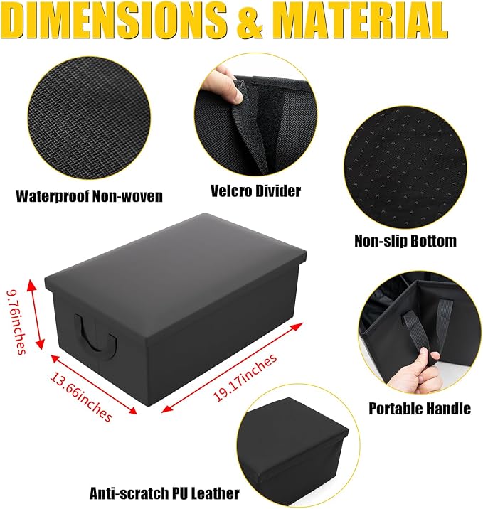 PU Leather Storage Box with Lid and Divider | Large Foldable Organizer with Non-Slip Bottom and Side Handles Waterproof Storage Basket Universal Car Trunk Storage Box