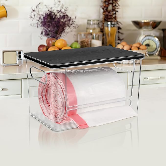 Trash Bag Dispenser Under Sink Organizer for Pantry, Kitchen | Acrylic Garbage Bag Dispenser, with Black Bamboo Top & Handles, Extra Large, Keep Onions and Potatoes Neat, Clear, Stackable