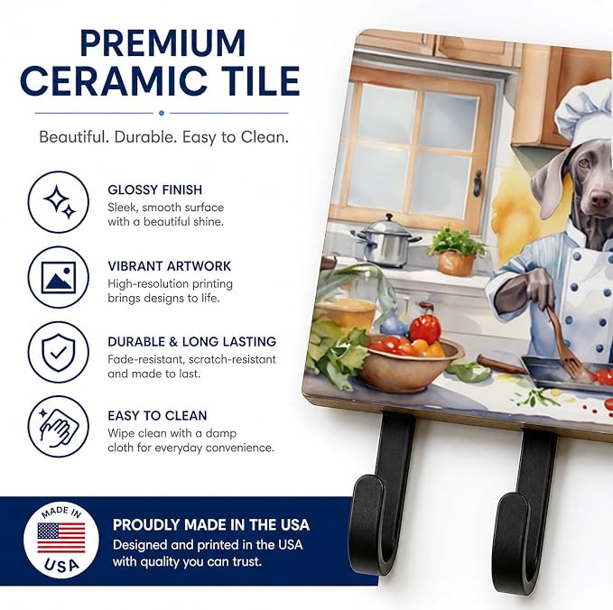 Caroline's Treasures Weimaraner The Chef Leash or Key Holder Wall Hooks, Key Hooks Holder, Coat Rack Wall Mount, Coat Hooks, Hooks for Hanging Keys, Towels, Aprons, Leashes | Weimaraner The Chef artwork on ceramic tile with three steel hooks for keys, ...