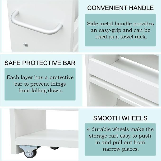 MARTY Slim Rolling Storage Cart 7.9" W Laundry Cart with Wheels,Brown+White | Narrow Utility Cart Between Washer and Dryer, 3 Tier Mobile Shelving Unit for Kitchen, Laundry, Bathroom, Office, Living Room