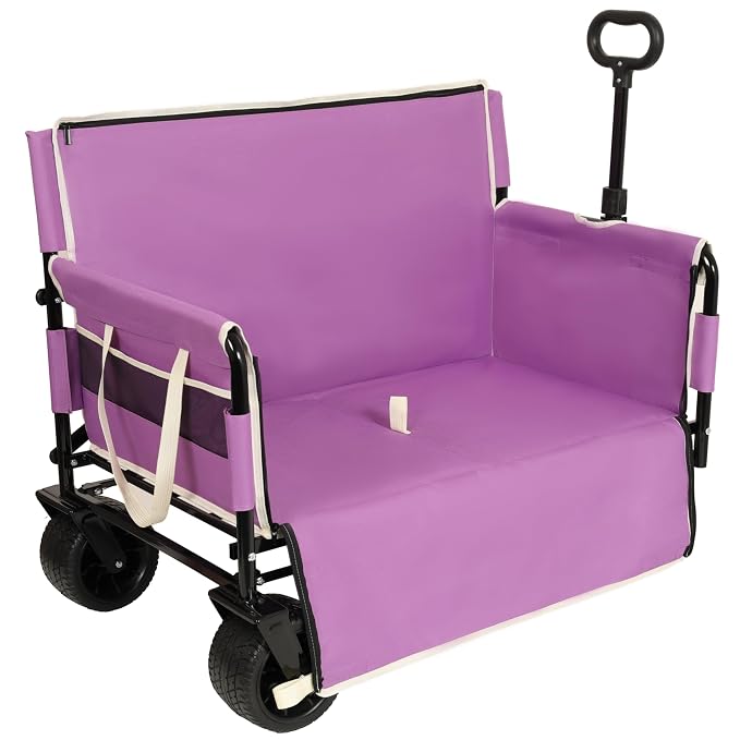 3-in-1 Pet Wagon Stroller with Bench Seat & Storage – Portable Travel Carrier for Dogs & Cats, 500Lbs Heavy-Duty Foldable Cart with All-Terrain Wheels for Camping, Park & Outdoor Use (Purple)