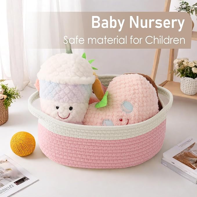 JMvicyroam Small Woven Basket, Empty Gift Basket, White&Pink/3 Pack | Small Gift Basket, Cotton Rope, 12 x 8 x 71 in, Handles, Includes Ribbon and Bag, Birthday Gift Basket