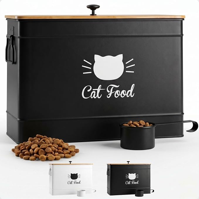 Metal Cat Food Container with Scoop, 15lb (50 Cup) w/ Airtight Bamboo Lid | 15 lb / 50 Cup Capacity, 1 Cup Metal Scoop, Durable Powder Coated Iron Body, Rubber Lined Bamboo Lid, Sturdy Metal Handles