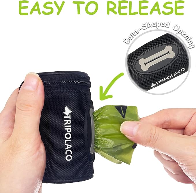 Dog Poop Bag Holder for Leash, Easy Release Doggie Poop Bag Dispenser, Fits Most Standard Poo Bags, Soft Fabric Dog Waste Bag Holder with Carabiner Clip, Compatible with All Leashes, Black