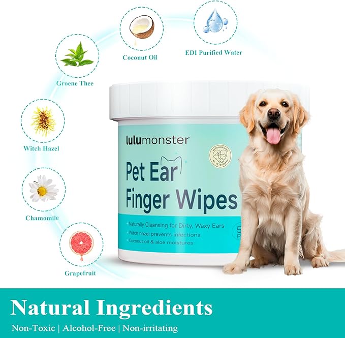 Dog & Cat Ear Cleaner Finger Wipes, Vet‑Recommended for Dog Ear Infection Relief, Itching & Inflammation, Remove Wax Dirt, Stop Smelly, Non‑Irritating, 50ct (Coconut Scent)