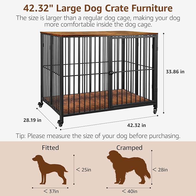 42.3" Large Dog Crate Furniture Foldable, Easy Assembly Dog Kennel Indoor | Heavy Duty Decorative Pet House, Wooden Dog Cage Side End Table with Wheels, for Small/Medium/Large Dogs, Rustic Brown