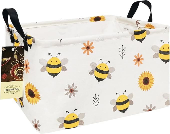 Rectangle Foldable Storage Basket Handles For Home, Bee | Waterproof canvas material, reinforced handles, perfect for shelf use, organizes clothes, daily items and pet supplies