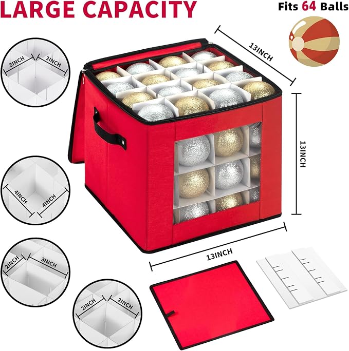 DIMESHY Christmas Ornament Storage Box Holds 64 Holiday Decorations,RED | Ornament Storage Container with Two Sturdy Carrying Handles,Adjustable Dividers,Holds Up to Christmas Ornaments by DIMESHY