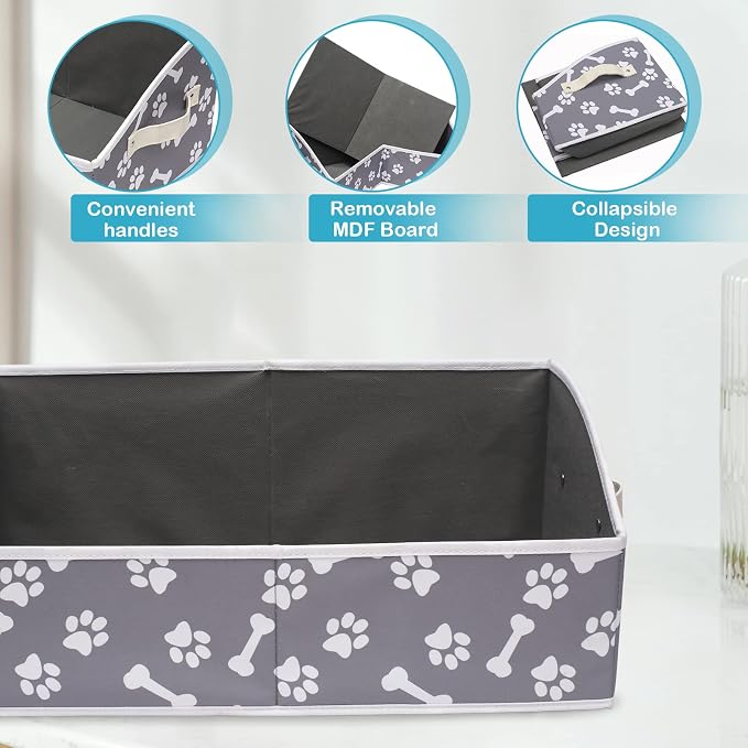 Linen-cotton Blend Dog Toy Organizer Basket - Storage for blankets, leashes, rope toys, clothing - Bone claw pattern