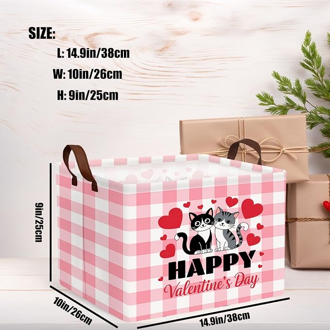 Cute Large Valentine's Day Gift Basket Empty Heart Decor Storage Bin for Kid Baby Room Décor (Pink Checkered Cat)