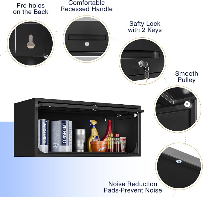 Metal Garage Cabinet with Doors, Wall Mounted Storage Cabinet, Floating Tool Cabinet for Basement, Kitchen, Warehouse (Black, 13.7" H)