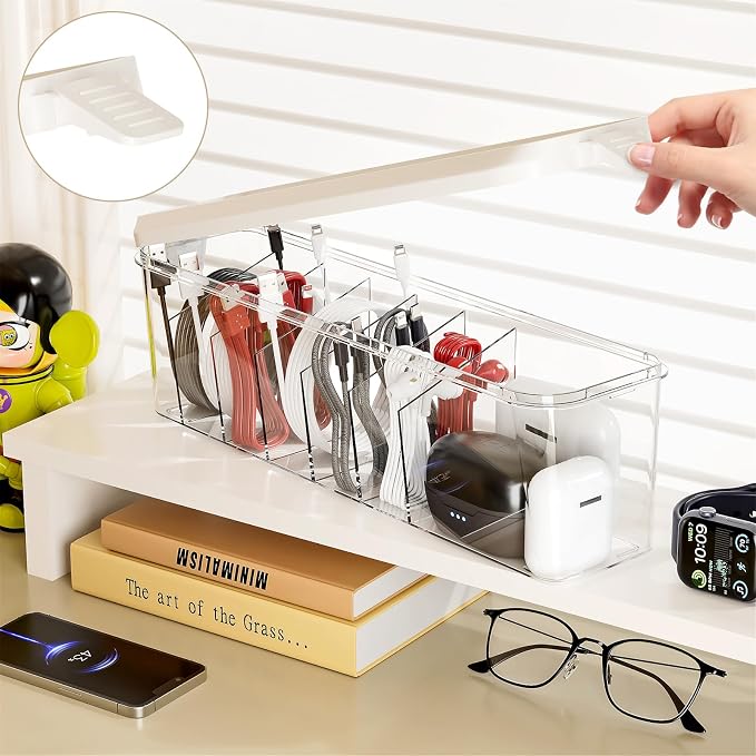 Desktop Charger Cord Storage Organizer Box Cable Organizer Box With Lid | 2 Pack Stackable Clear Storage Boxes, Easy Management Without Cable Ties, Visible for Drawer Organizing, Cosmetics & Cables