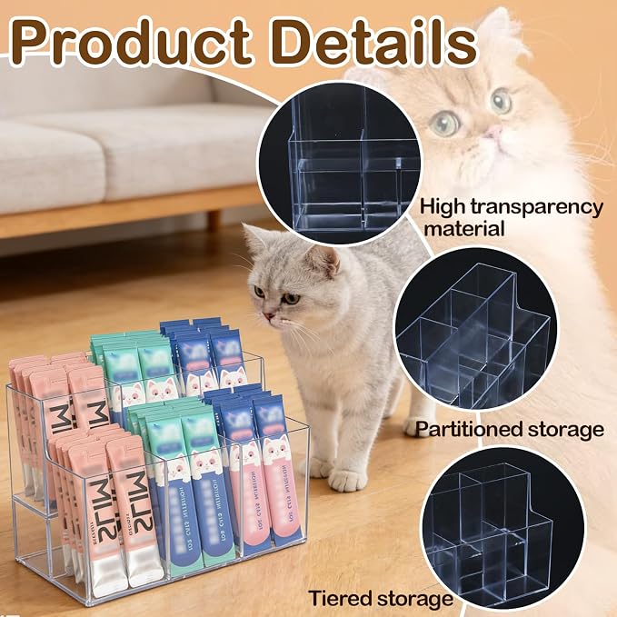 Lickable Cat Treats Organizer, Clear Acrylic Squeeze Up Storage Rack with 6 Compartments, Puree Tube Holder for Kitchen Pantry Cabinet Shelf Countertop