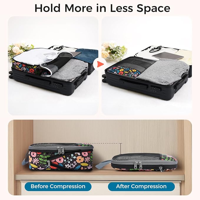 BAGAIL 4 Set/6 Set/8 Set Compression Packing Cubes Travel Accessories Expandable Packing Organizers (Half Mesh, 6-Black Floral)