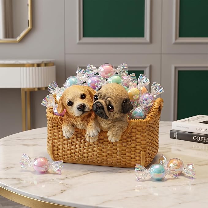 Labrador & Pug Statue Key Bowl for Entryway Table - Large Capacity Decorative Key Holder Bowl - Weighted Candy Dish for Office Desk, Stable Animal Storage Basket for Home Decor