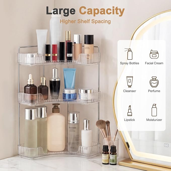 Corner Bathroom Counter Organizer, Vanity Organizer - Countertop Corner Shelf for Makeup Storage,Spice Racks for Kitchen Corner (Clear, 3-Tier)