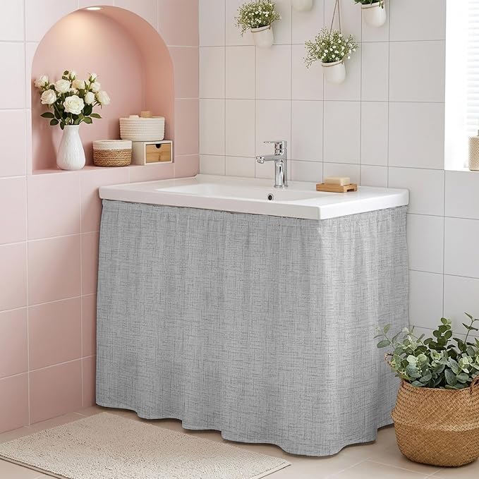 Cabinet Curtains 35x35inch Sink Skirt, Modern Minimalist Gray Desk Skirt for Kitchen Bathroom Shelves, Country Linen Style Privacy Cabinet Curtain Self Stick Adhesive Under Sink Skirts