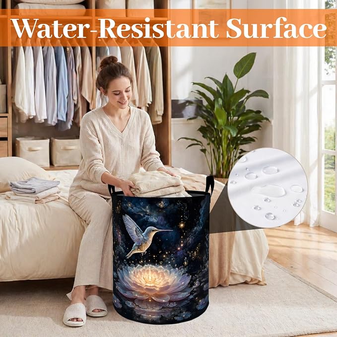 Bird Hummingbird Laundry Basket, Glowing Lotus Flower Oxford Cloth Dirty Clothes Collapsible Hamper for Room Decor, Nature Gifts, Toy Organizer 19.7 x 15.7 Inches for Bedroom Bathroom Dorm