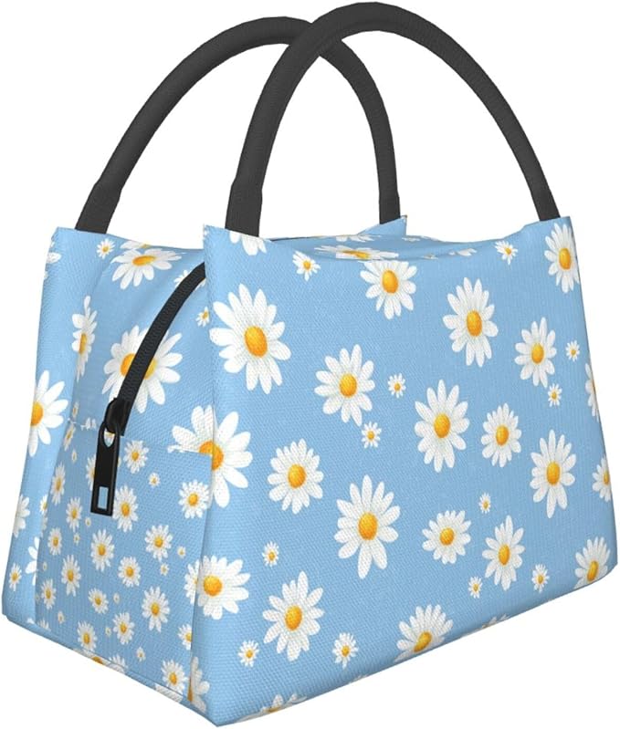Daisy Flower Insulated Lunch Box for Girls Women,Reusable Tote Bag with White Floral Blue,Portable Lunchbox Handbag,Makeup Bags Organizer Gifts for Work Office Travel Picnic,11x6.3x6.7in
