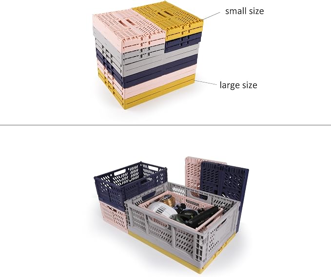 2 Pack Stackable Storage Crates, Plastic Foldable Baskets Small Golden Gray | Easy-carry handles, suitable for toys books groceries office supplies and household storage for home office shopping
