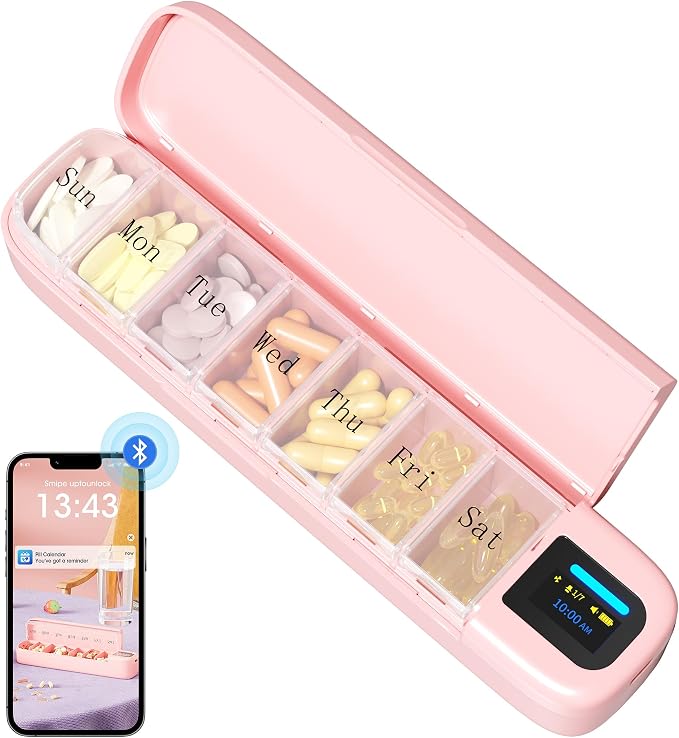 Daviky Automatic Pill Dispenser, Smart Pill Organizer with Alarm | Pill Box 7 Day with APP, Weekly Travel Pill Case, Portable Pill Reminder for Medicines, Supplements and Vitamins (Pink)
