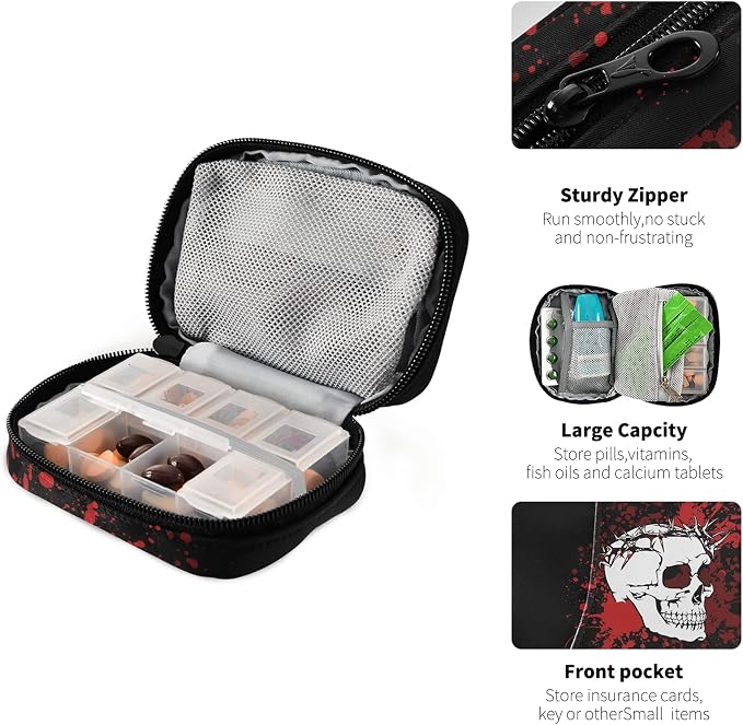 Cool Halloween Skull Pill Box 7 Day Pill Case Travel Pill Organizer Bag with Zipper Portable Weekly Case Compact Size for Vitamin Supplement Holder
