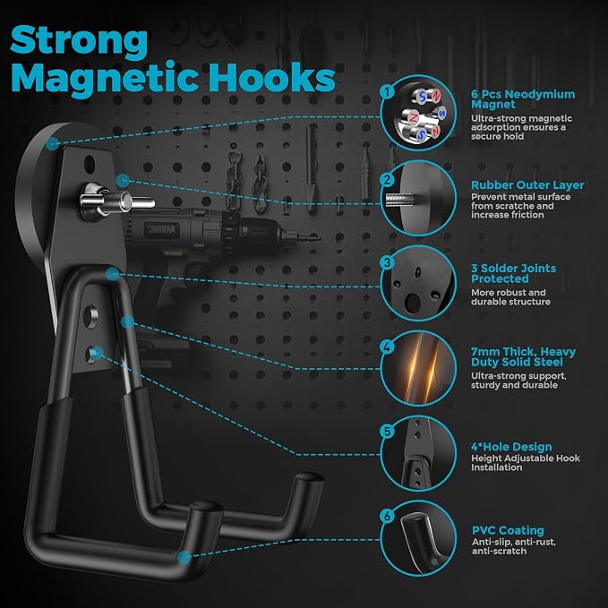 6Pcs Large Strong Magnetic Hooks Heavy Duty Garage Big Magnet Hooks Extra Strength Magnetic Utility Storage Hook Hanger with Anti Slip Coating for Garden Indoor Outdoor Hanging Tools Black