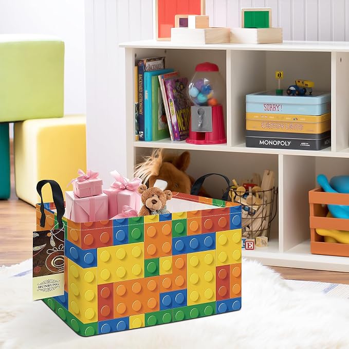 Rectangle Foldable Storage Basket Handles For Home, Colorful Blocks | Waterproof canvas material, reinforced handles, perfect for shelf use, organizes clothes, daily items and pet supplies