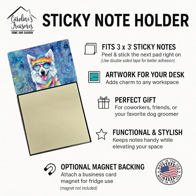 Caroline's Treasures American Eskimo Hippie Dawg Sticky Note Holder Refillable Dispenser Self-Sticky Note Pads, Memo Pads Blank Desk Accessories