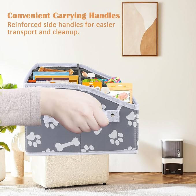 Collapsible Fabric Storage Box for Pet Treats with Dividers - Dog Treat Container Bin - Bone Paw Print