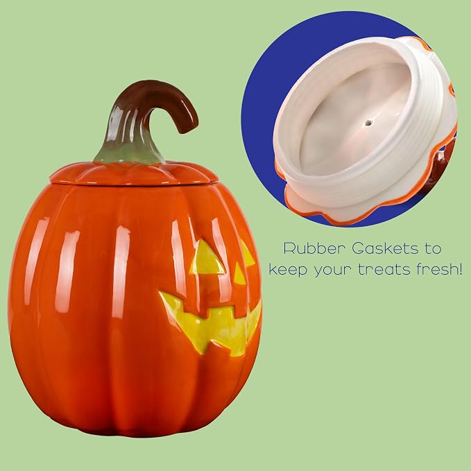 Dolomite Ceramic 10.5 x 7.9 Halloween Cookie & Candy Jar with Airtight Lid: Perfect for Kitchen Canisters, Pet Treat Containers & Fall Decorative Candy Dish, Pumpkin Jack-O-Lantern
