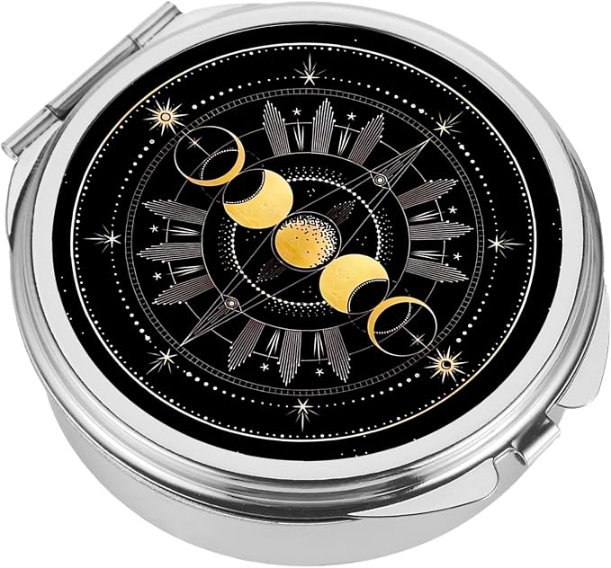 Small Pill Box 3 Detachable Compartments Pill Case with Mirror 2.4inches Pocket Round Medicine Organizer, Mini Portable Pill Organizer for Pocket Purse& Travel Convenience-Nebula Moon Phase