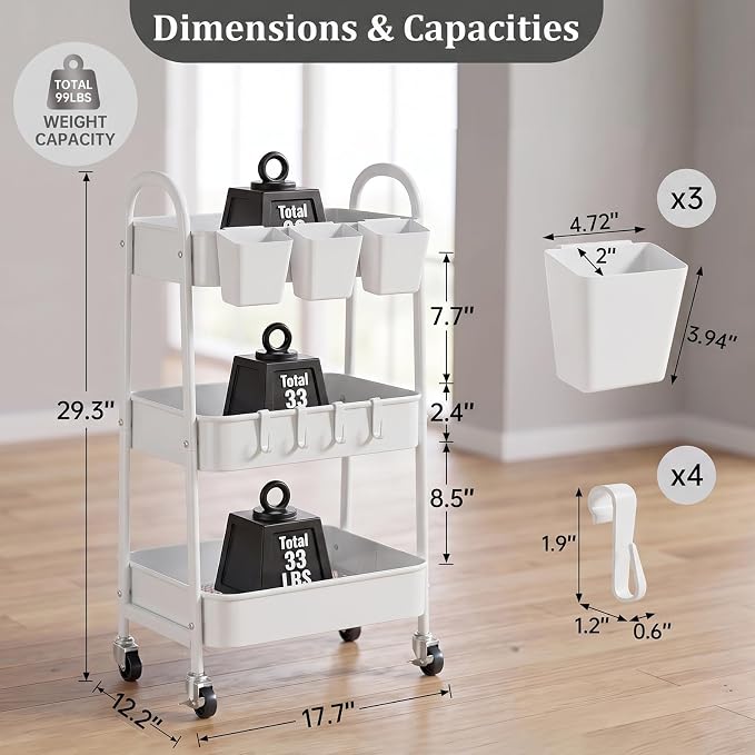 danpinera 3-Tier Rolling Cart, Utility Cart Mobile Metal Rolling Storage Cart with Lockable Wheels & Hanging Cups & Hooks for Kitchen, Bathroom, Office, Workshop, White