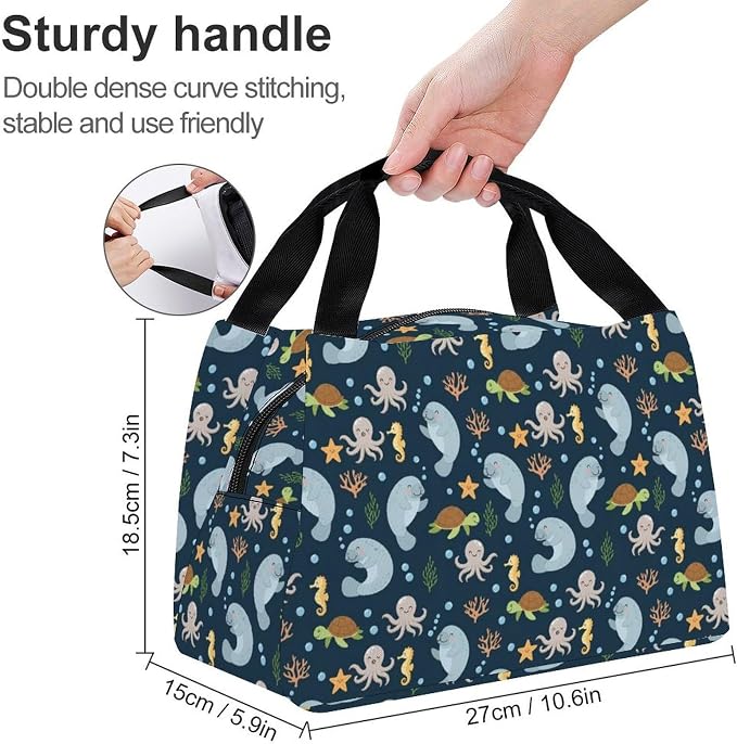 Leakproof Insulated Tote, Cute Gray Manatee | Large Capacity Lunch Bag, Cooler Tote Handbag for Work Picnics Camping, Cute Sturdy Meal Bags