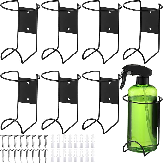 CroBlissful 8 Pcs Spray Bottle Holders Wall Mount Heavy Duty Rack, Black | Metal Rack for Garage Laundry Workshop, Includes Mounting Hardware, Space Saving Storage Organizer, Holds Bottles Securely