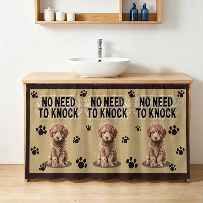 NO Need to Knock Sink Skirt for Bathroom, Self-Adhesive Under Sink Curtain, Poodle Dog Paw Prints Pet Lover Farmhouse Hide Pipes & Storage Fabric Cabinet Skirt Cover for Kitchen Laundry 32"x55"