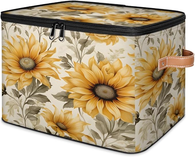 Pardick Flower Sunflower Storage Bins Storage Basket with Zipper Lid & Handle Foldable Storage Box Storage Cube Bin Clothes Organizer for Closet, Bedroom