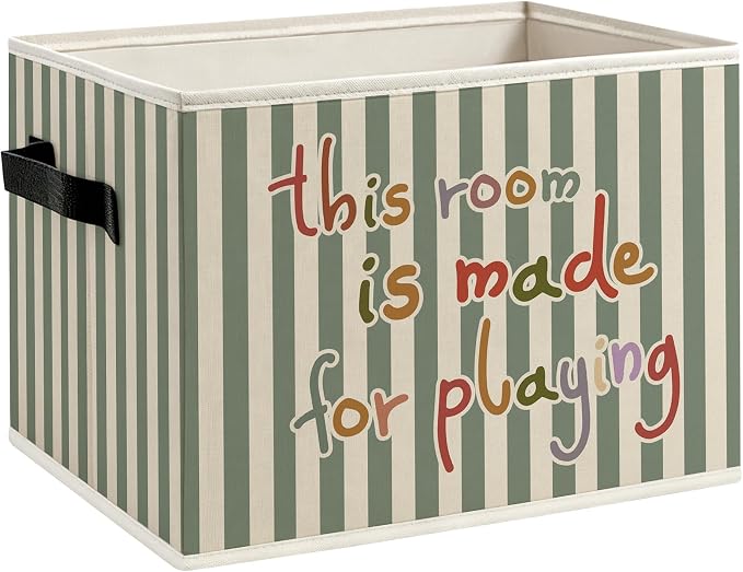 Retro Kids Nursery Playroom Foldable Storage Bins Box with Handles, Green Striped This Room Is Made for Playing Decorative Storage Boxes Baskets Toybox Organizer for Boys Girls Kids Bedroom