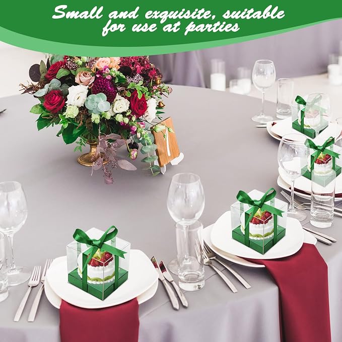 12 PCS Clear Cupcake Boxes 3.5 Inch Cupcake Containers (Green) | Disposable Cupcake Carrier Plastic Individual Cupcake Storage Holder with Ribbons and Inserts for Wedding, Birthday Party