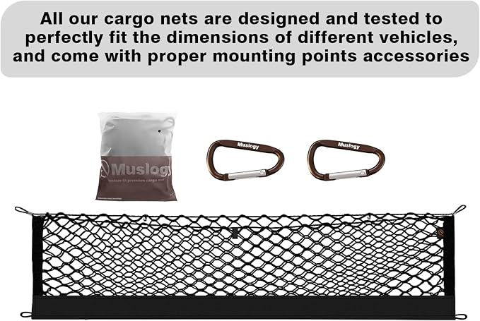 Muslogy Cargo Net for 2020-2026 2027 Kia Telluride Accessories | Custom Fit, Trunk Storage Organizer Net for SUV Sedan Van Divider, with Heavy Duty Carabiners, Night Visible Grab Handle
